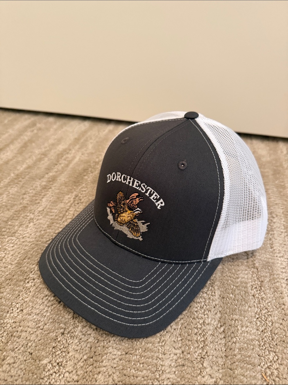 Dorchester Embroidered Charcoal & White Mesh Trucker Hat